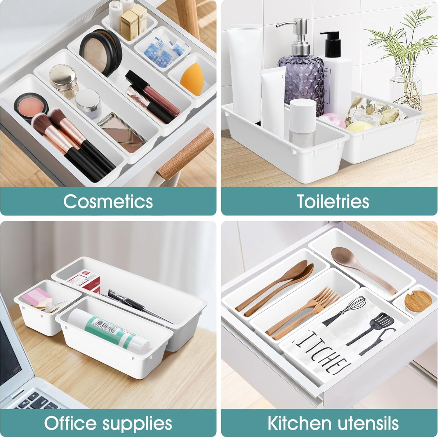 WOWBOX 25 PCS Plastic Drawer Organizer Set, 4 Sizes Desk Drawer Divider Organizers and Storage Bins