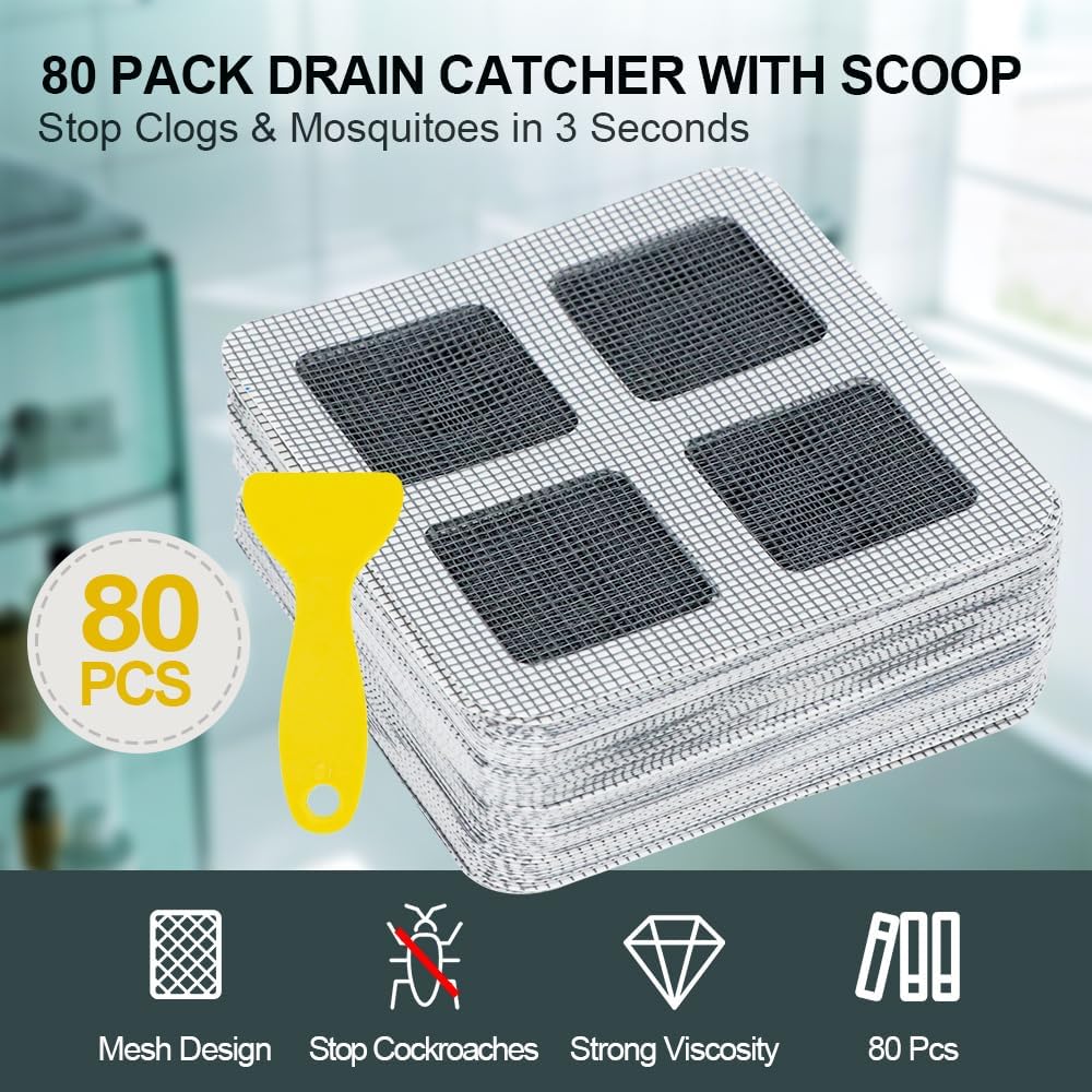 80PCS 4"x4" Disposable Hair Drain Stickers, Anti-Blocking Filter Screen Self-Adhesive Mesh Drain