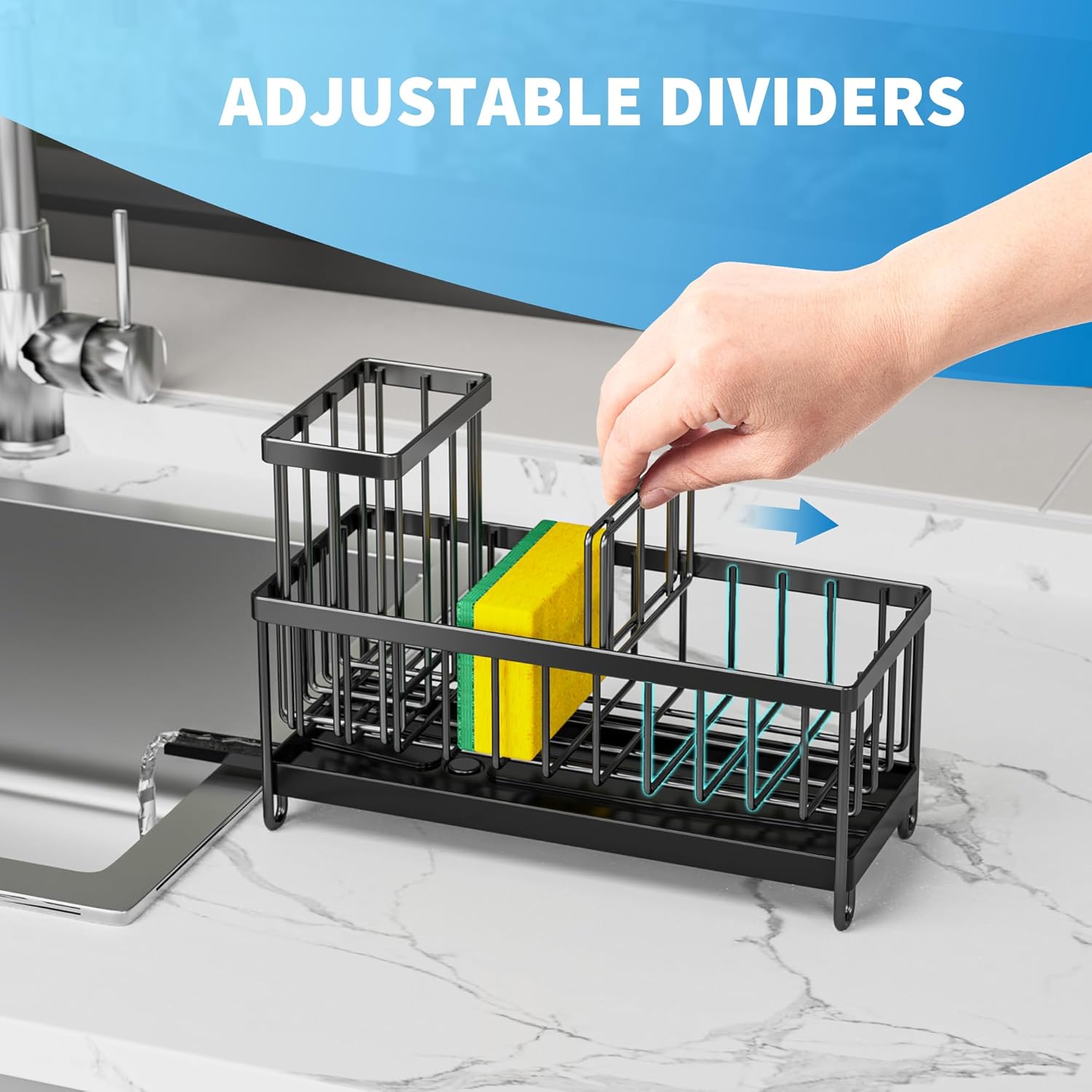 Cisily Black Sponge Holder for Kitchen Sink, Sink Caddy Organizer with High Brush Holder, Kitchen