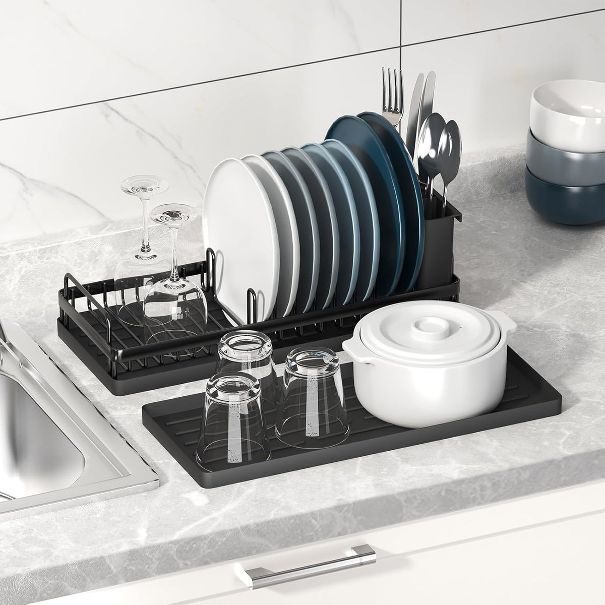 Small Dish Drying Rack, Compact Sink Dish Drainer Plate Organizer with Utensil Holder and 2pcs