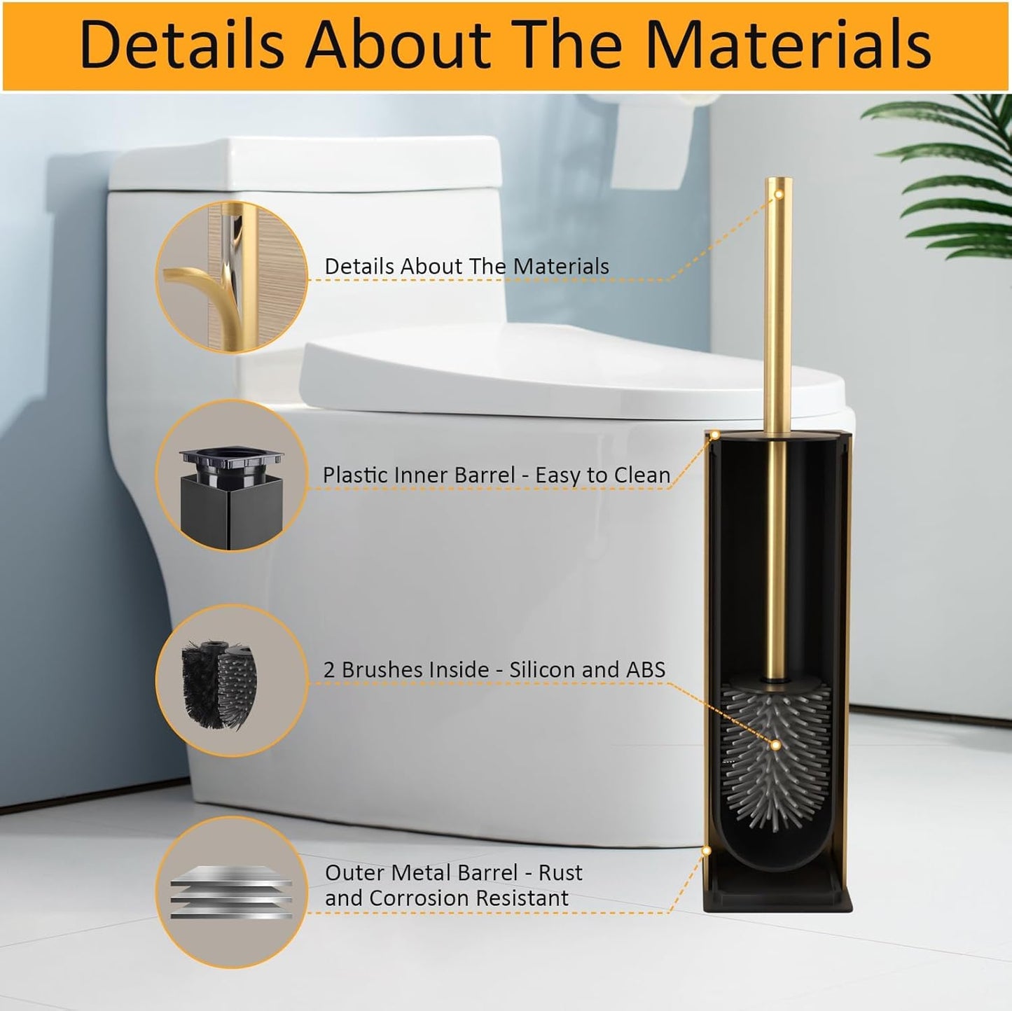 BGL Standing Toilet Brush and Holder Brushed Gold Aluminium Toilet Bowl Cleaner Brush and Holder