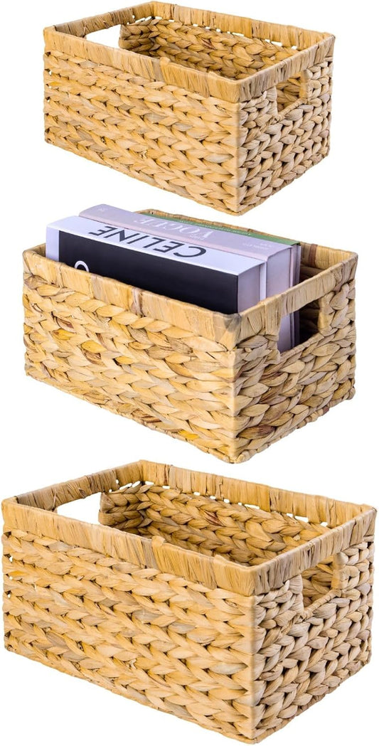 Set of 3 Wicker Storage Baskets for Shelves, Water Hyacinth Storage Baskets, Wicker Baskets for
