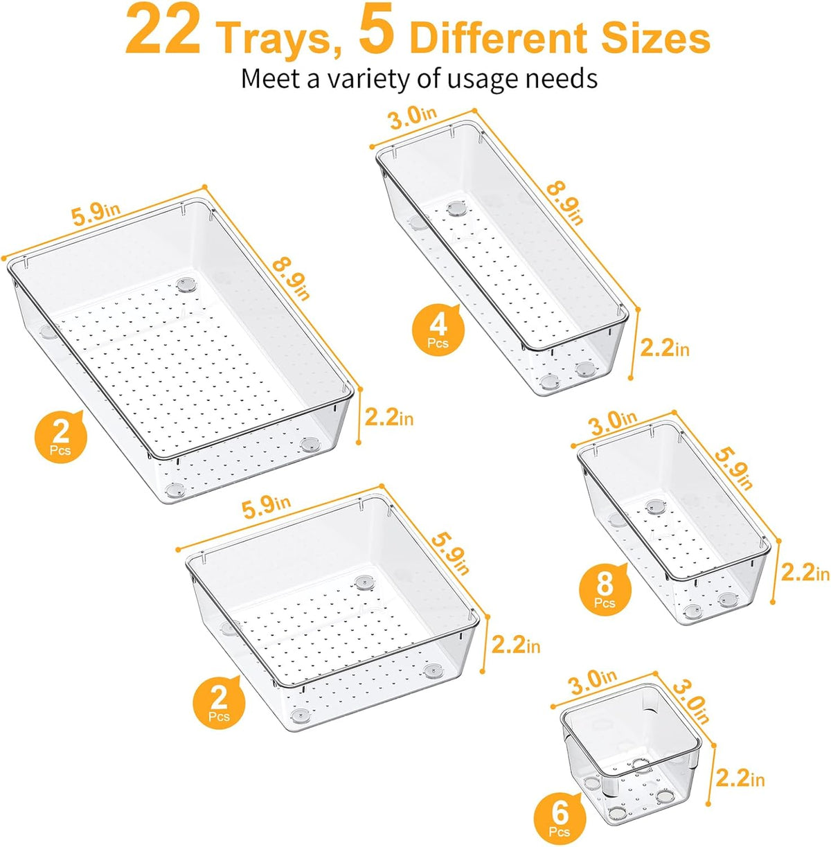 SMARTAKE 22-Piece Drawer Organizer with Non-Slip Silicone Pads, 5-Size Clear Desk Drawer Organizer