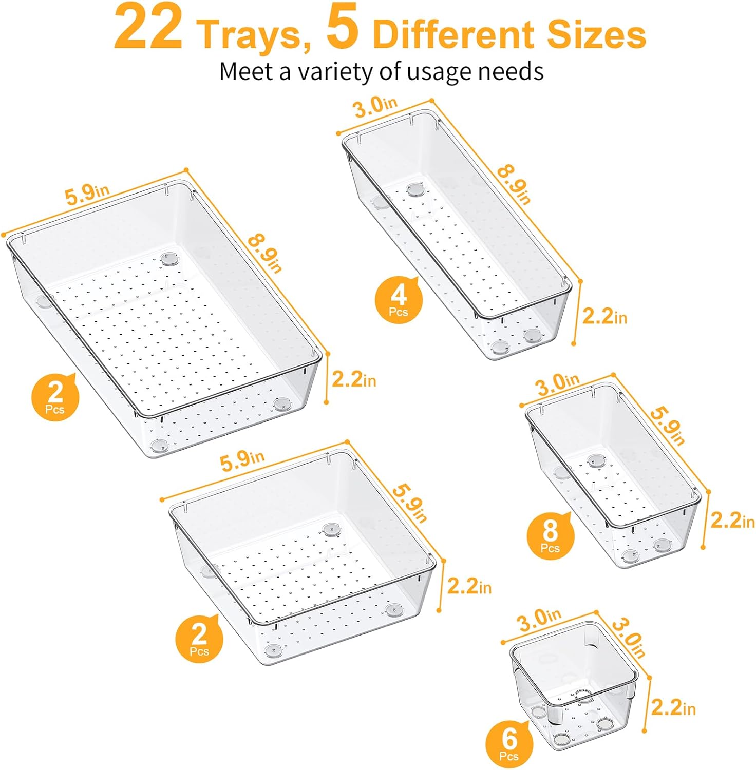 SMARTAKE 22-Piece Drawer Organizer with Non-Slip Silicone Pads, 5-Size Clear Desk Drawer Organizer