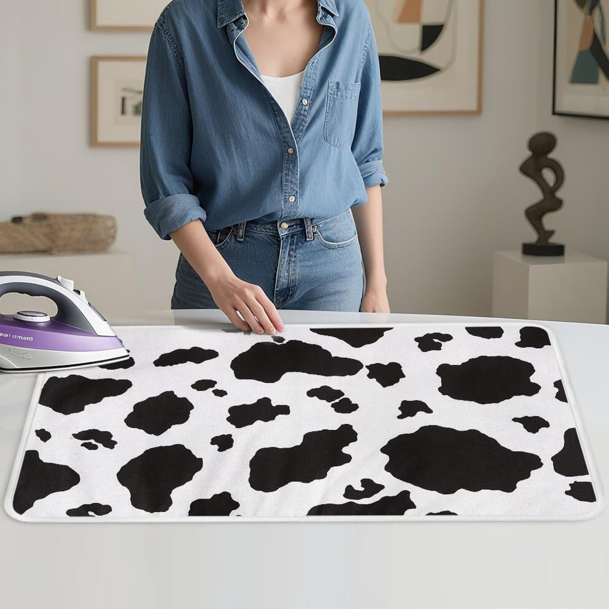 Cow Print Ironing Mat Portable Ironing Pad,Black and White 32 x 16 Inch Large Ironing Mat for Table