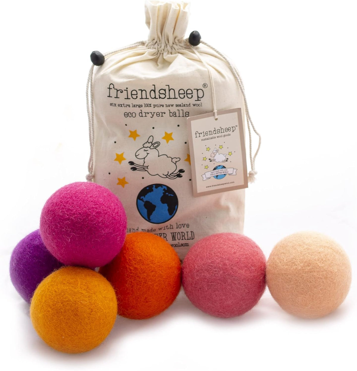 Friendsheep Wool Dryer Balls 6 Pack XL Organic Premium Reusable Cruelty Free Handmade Fair Trade No