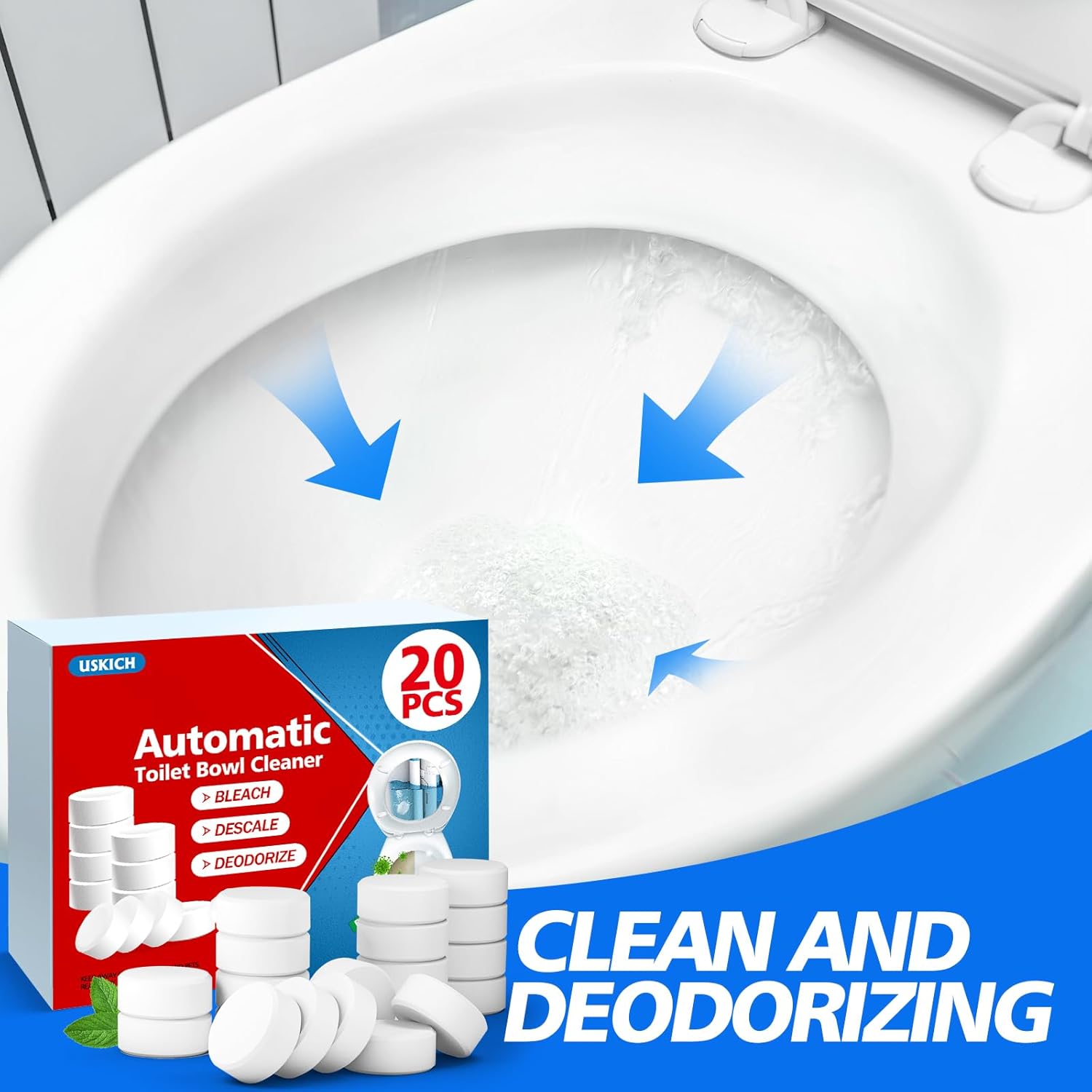 USKICH 20 Pack Toilet Bowl Cleaner Tablets,White Automatic Toilet Tank Cleaners, Long-Lasting