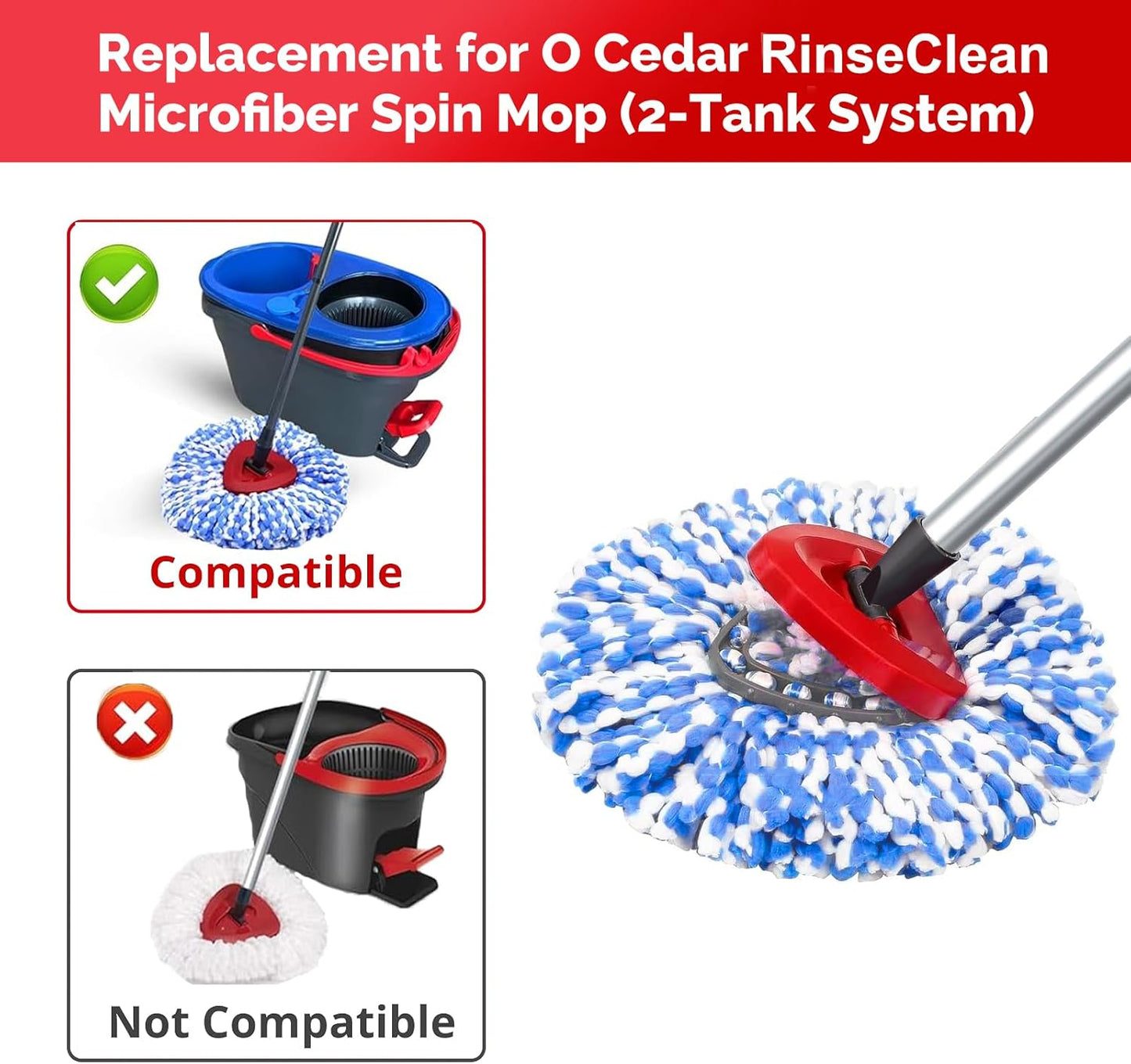 Spin Mop Head, Base, Handle Replacement for O-Ceda RinseClean 2 Tank System,4 Microfiber Mop