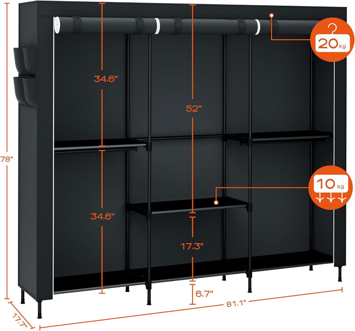 Portable Closet, 81.5 Inch Extra Large Capacity Wardrobe Closet with Cover, Clothes Storage