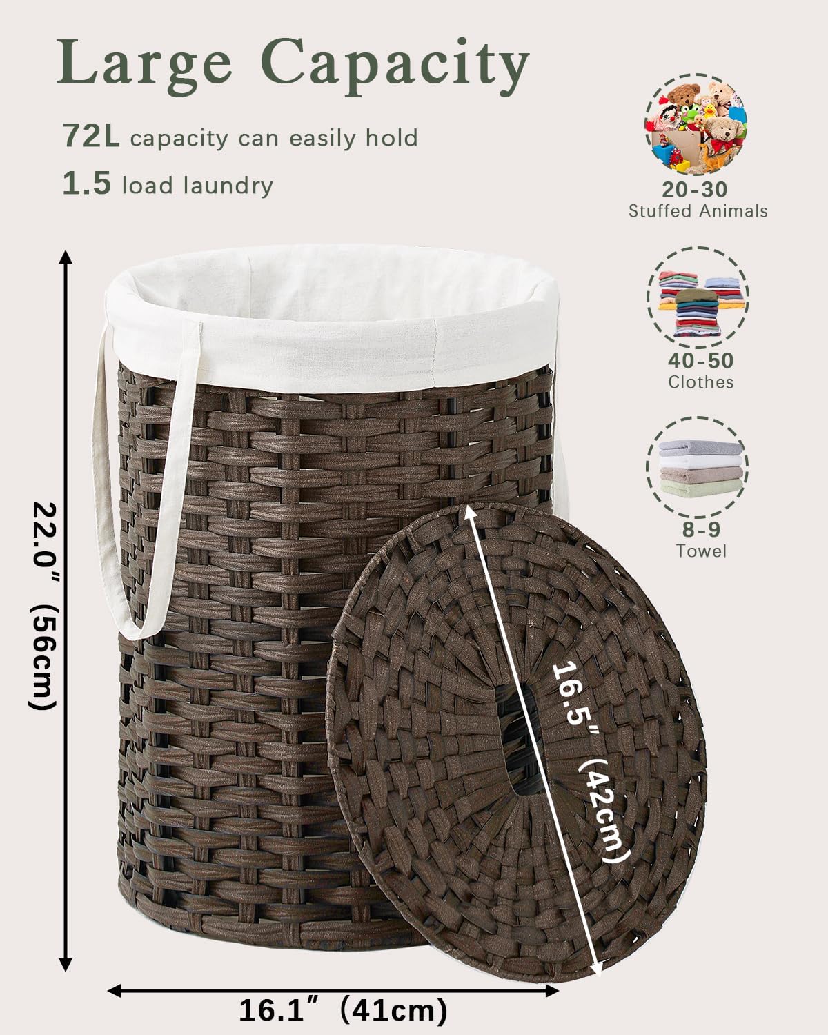 Laundry Hamper with Lid, 19.0 Gal (72 L) Round Wicker Laundry Basket, Handwoven Rattan Basket with
