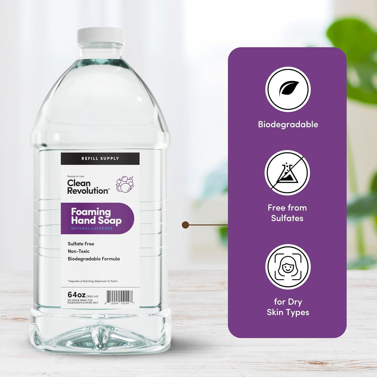 Clean Revolution Foaming Hand Soap Refill Supply Container, Ready to Use Formula, Natural Lavender