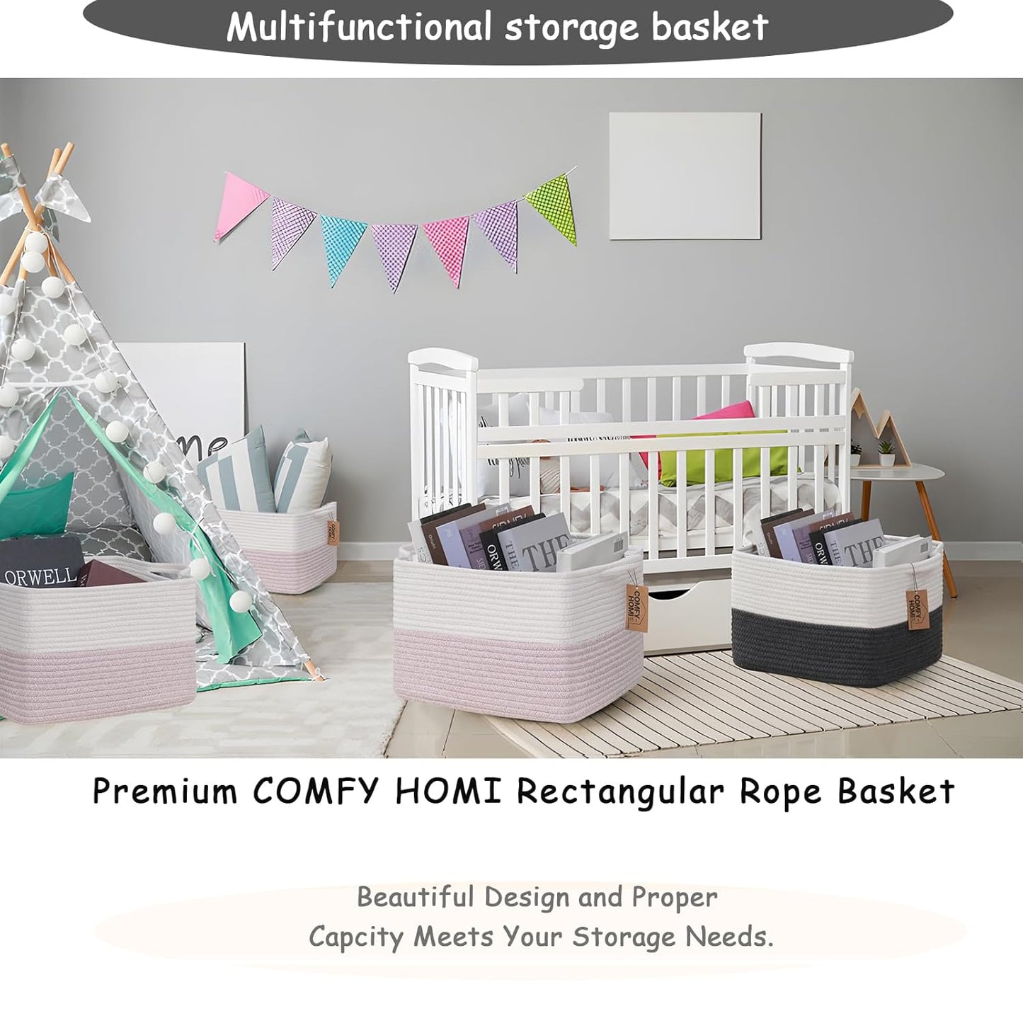 COMFY-HOMI 3PACK Cotton Rope Square baske with Handles for Shelves|Dog Toy baske Bin and