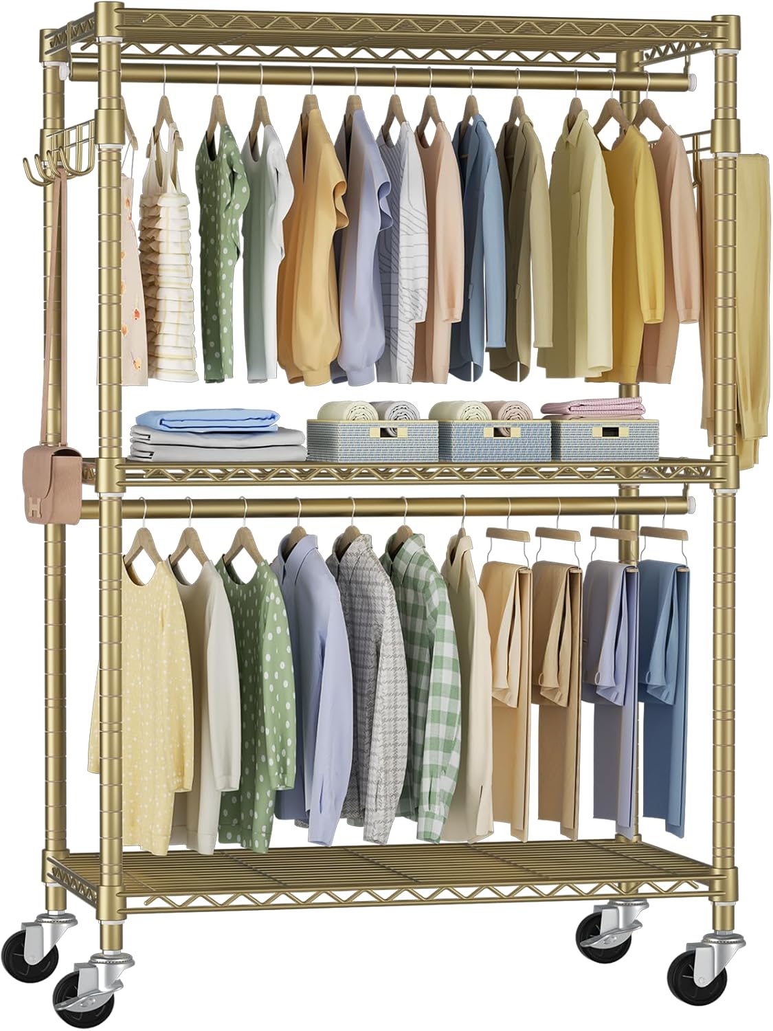 FUTASSI P1 Rolling Clothes Rack, Movable Metal Garment Closet Organizer with Lockable Wheels