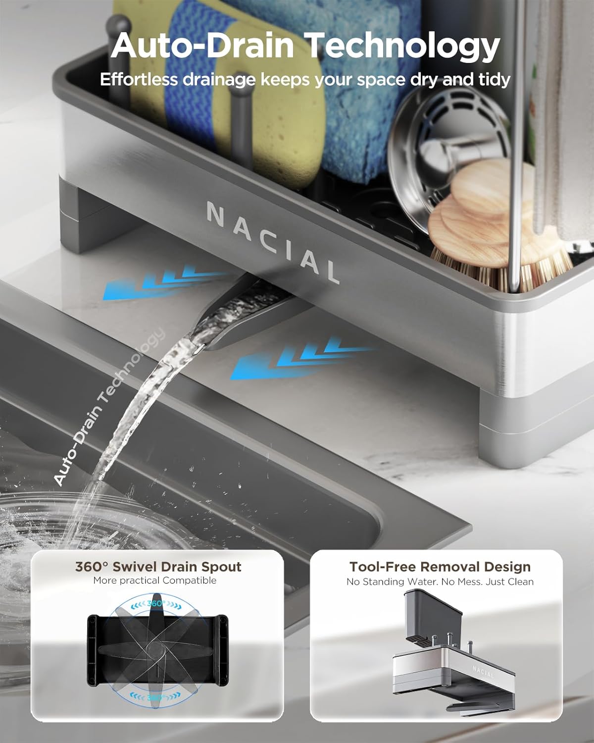 Nacial Sponge Holder for Kitchen Sink, Sink Caddy Organizer with High Brush Holder, Two Towel Racks