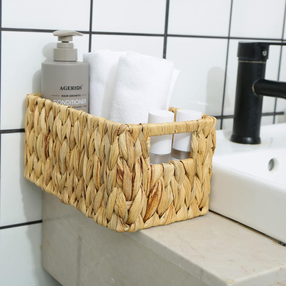 HOONEX Water Hyacinth Storage Baskets, Wicker Baskets for Storage, Hand Woven Baskets with Carry