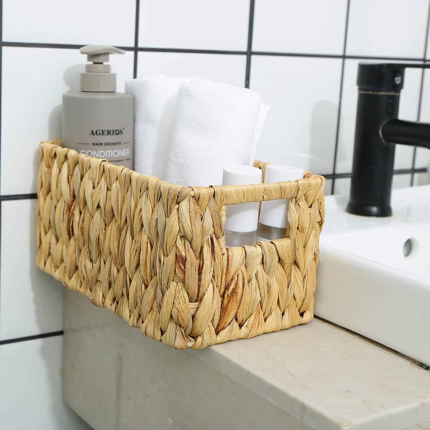 HOONEX Water Hyacinth Storage Baskets, Wicker Baskets for Storage, Hand Woven Baskets with Carry