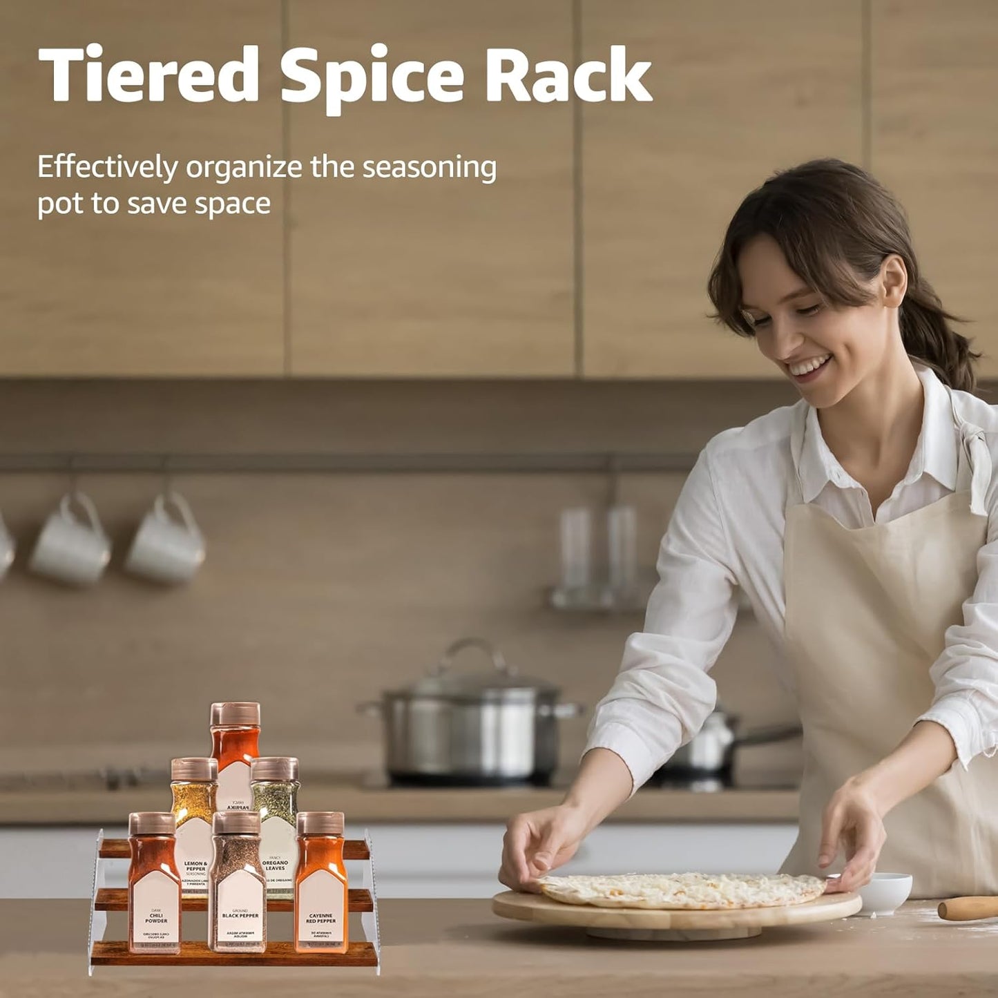nianfeng Tiered Spice Rack, 3-Tier Spice Pantry Kitchen Cabinet Organizer, 12-Inch, Natural Wood