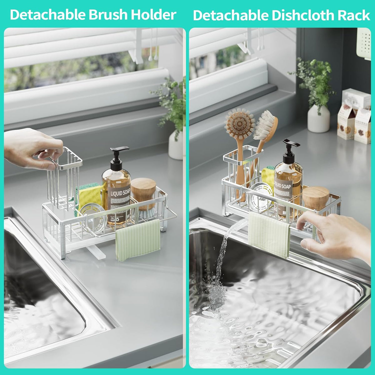 HapiRm Sponge Holder for Kitchen Sink - Self-draining Sink Caddy with Brush Holder and Dishcloth