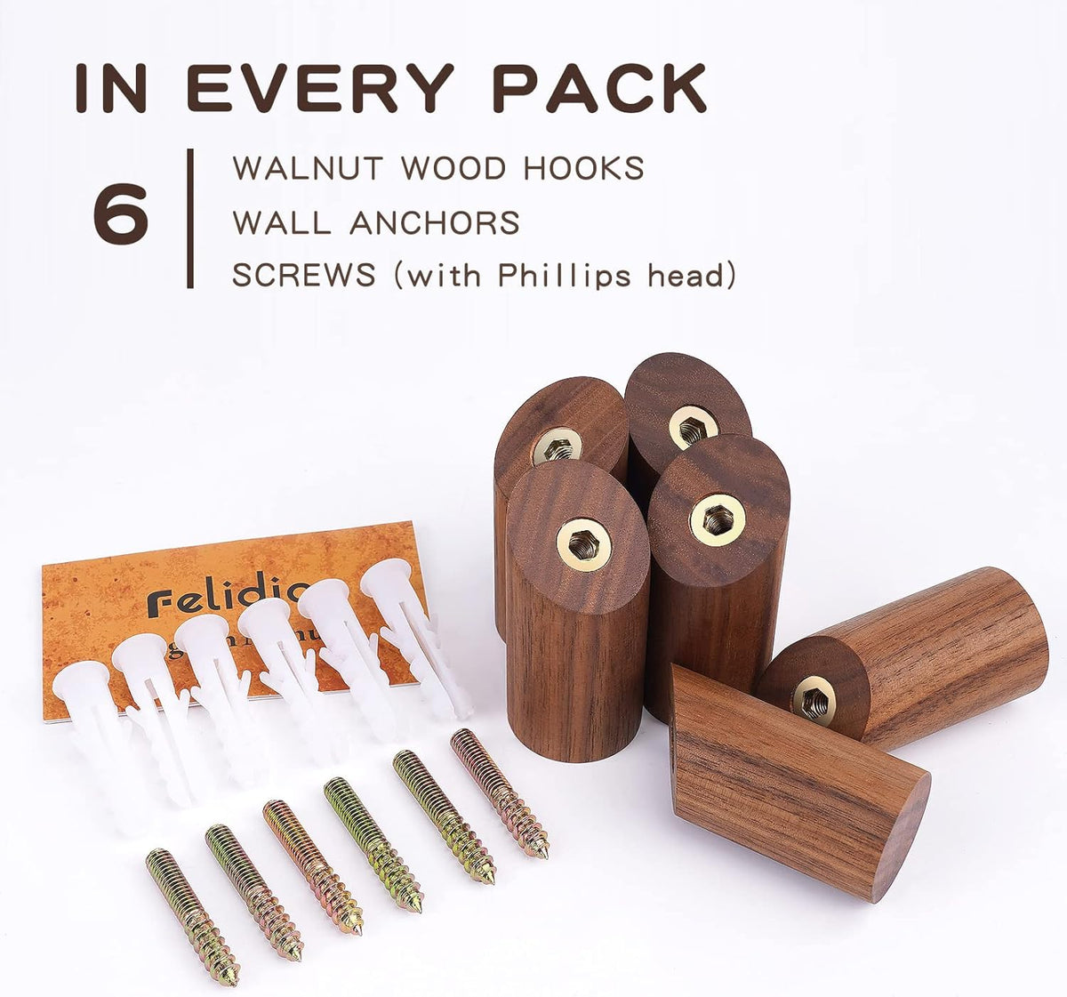 6 Pack Wood Hooks, Natural Coat Hooks Wall Mounted - Rustic Heavy Duty Wall Hooks for Hanging