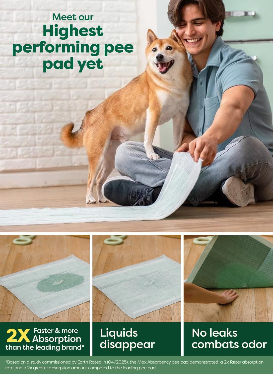 Earth Rated Max Absorbency Puppy Pee Pads for Dogs Absorbs 2X Faster & 2X More, Leak-Proof