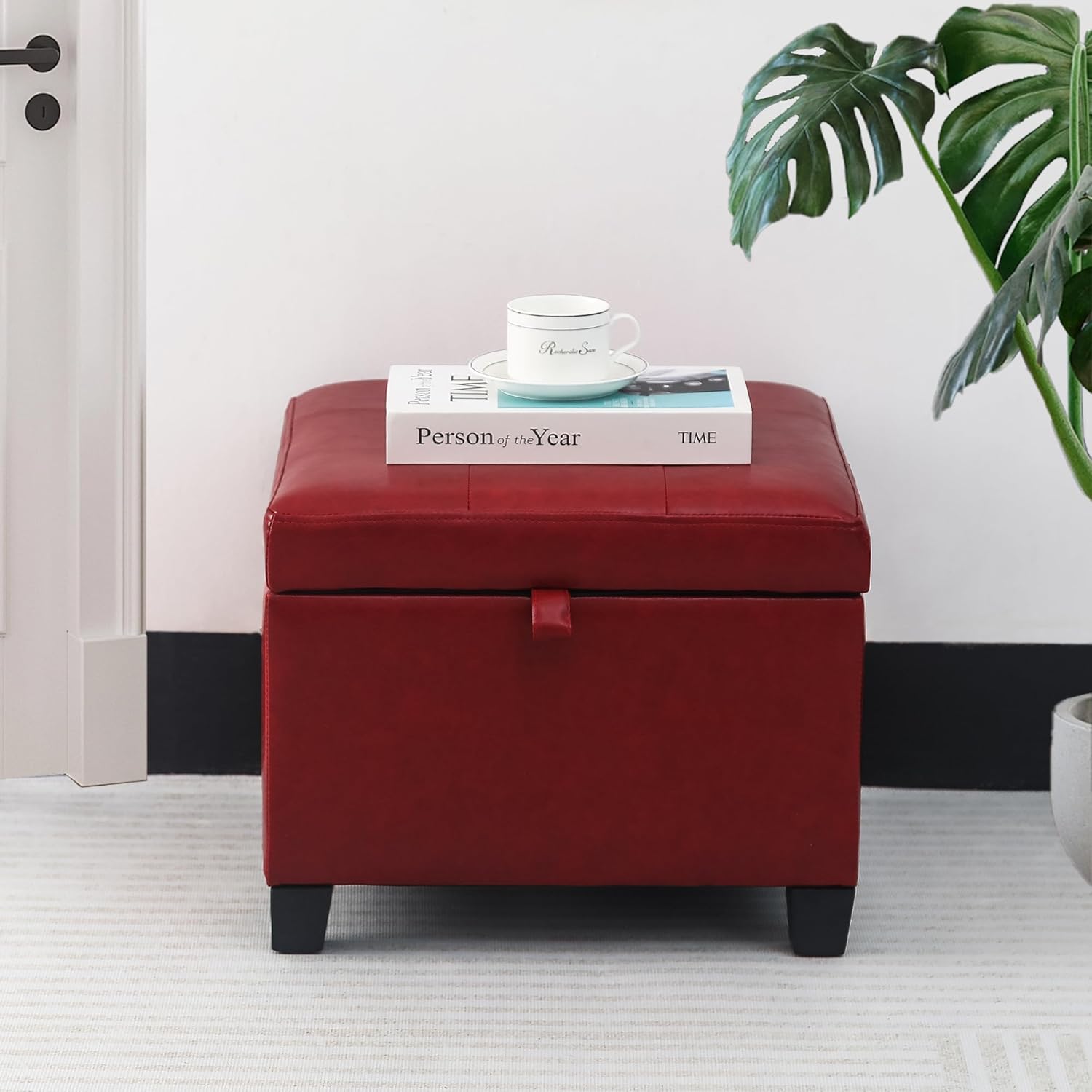 Adeco Faux Leather Storage Ottoman with Hinged Lid, 14 Inch High Red Square Cube Foot Stool with