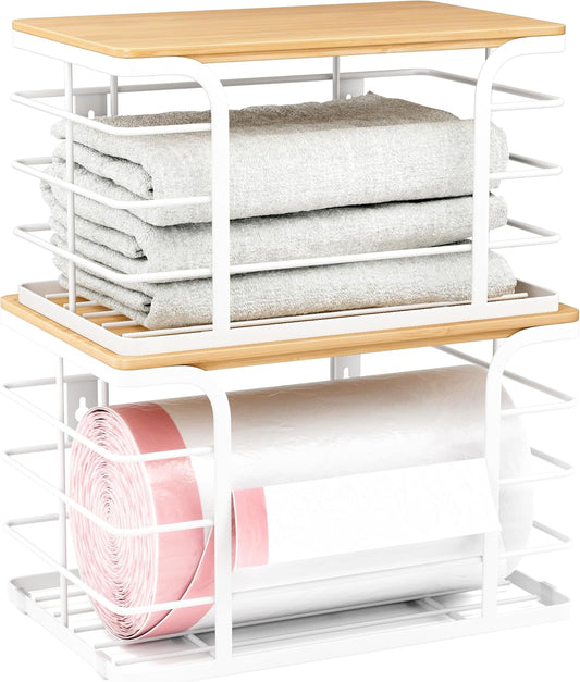 2 Pack Extra Large Stackable Pantry Organizer,Wall Mount Garbage Bag Holder Dispenser with Bamboo