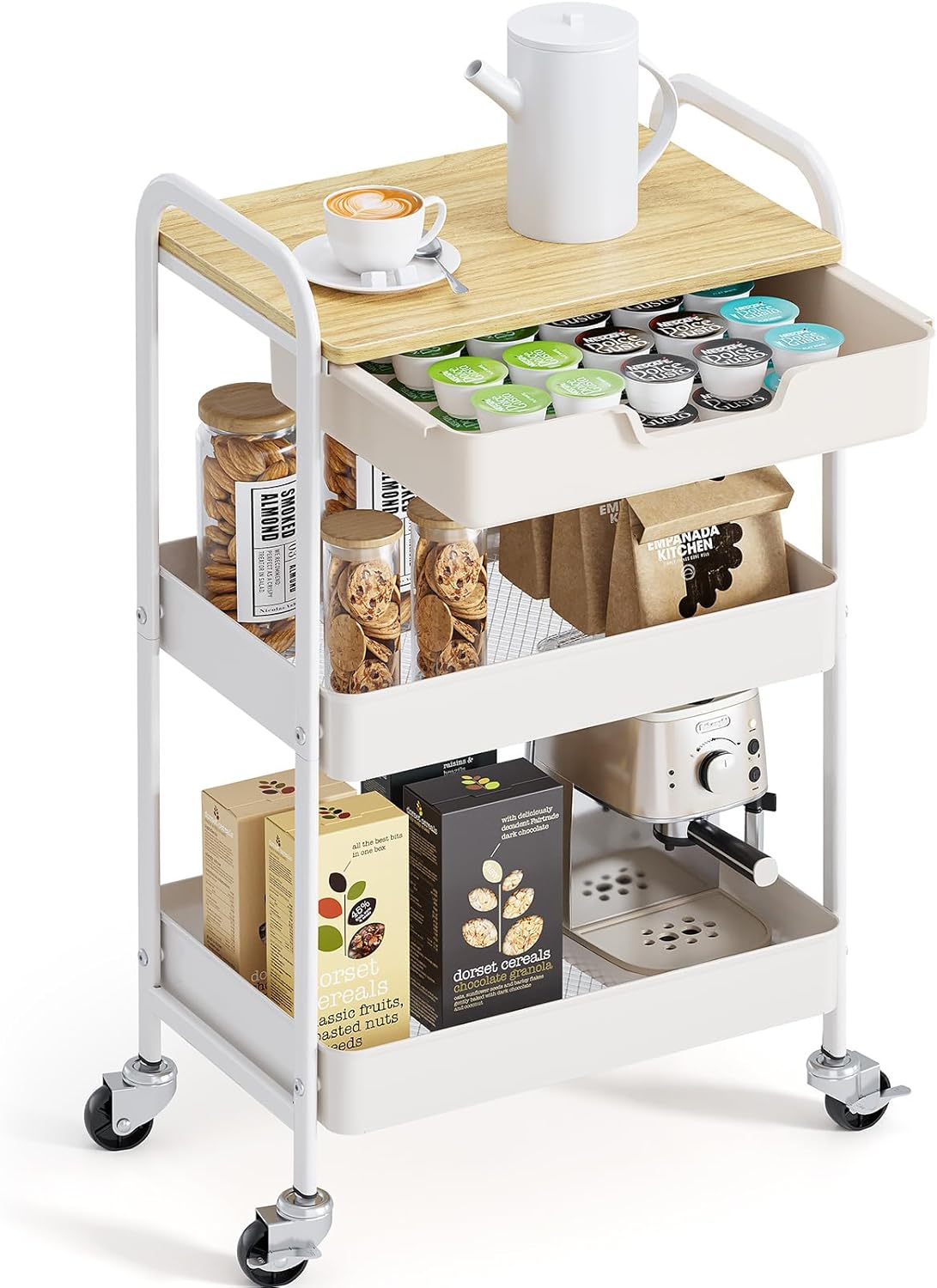 TOOLF 3-Tier Metal Utility Rolling Cart with Drawer and Wooden Table Top, Storage Cart White