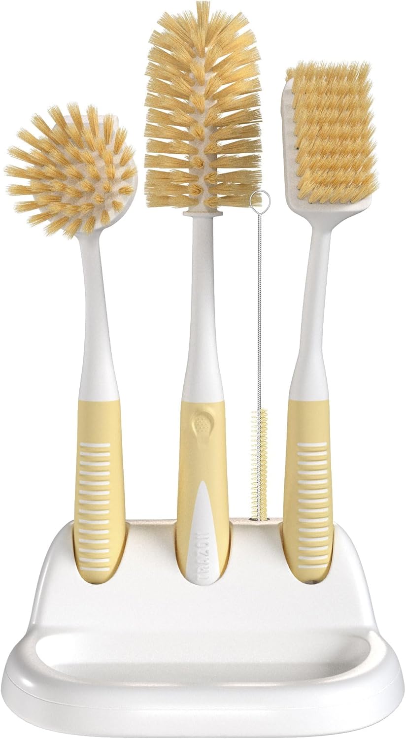 Dish Brush Set of 5 with Holder - Kitchen Scrub Brushes with Non-Slip Long Handle for Cleaning