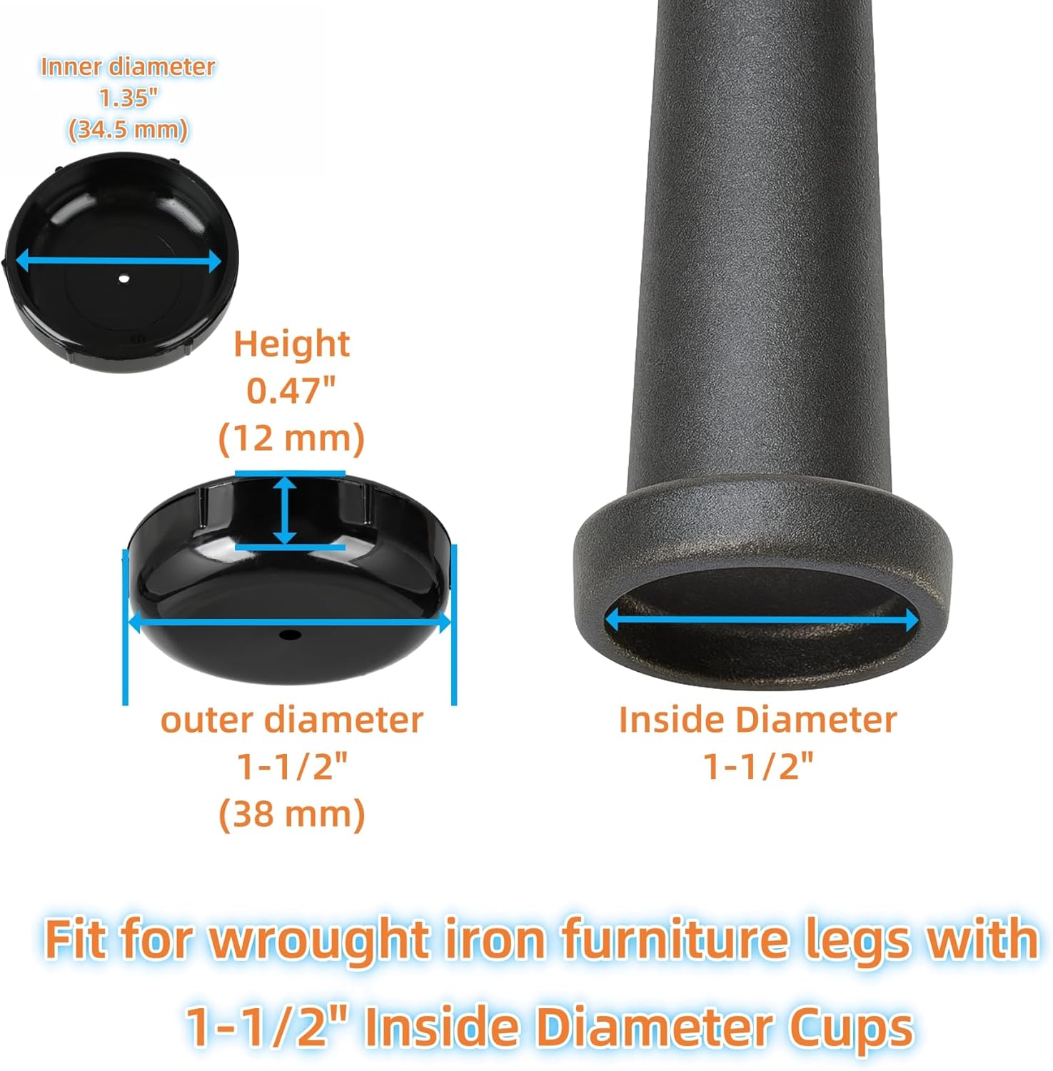 Wrought Iron Patio Furniture Feet Caps - Furnigear 1-1/2" Round Plastic Outdoor Chair Leg Caps