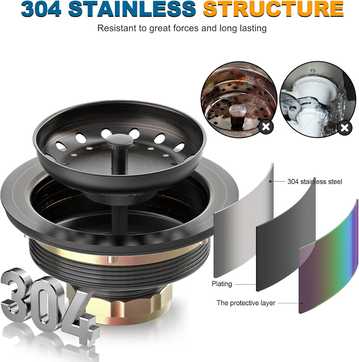 BOTEMY Stainless Steel Bronze Sink Drain Strainer Kit 3-1/4 inch Kitchen Drain Assembly with Metal