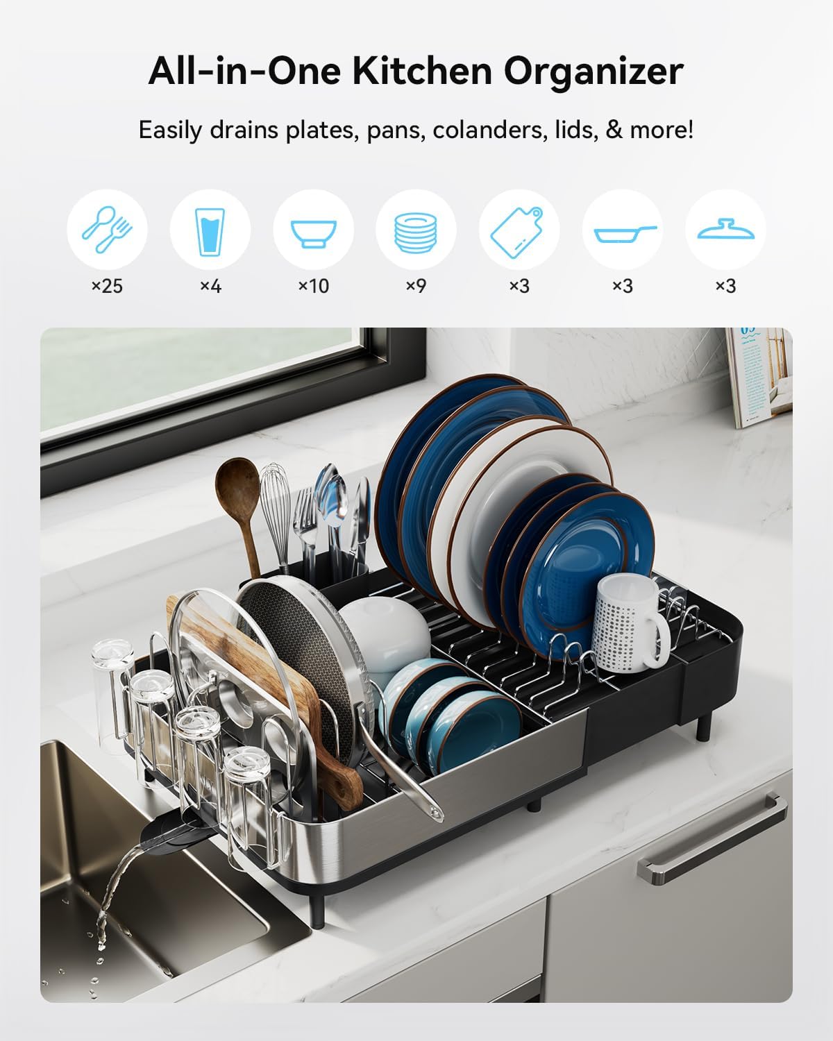 SUNLY Expandable Dish Drying Rack, Versatile Brackets for Pots & Pans, Space Saving Kitchen Drying