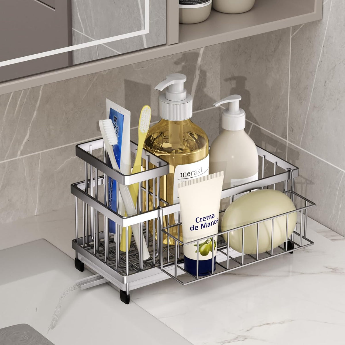 SWTYMIKI Sink Caddy Sponge Holder - Large Sponge Holder for Kitchen Sink with 360°Auto-Drain Tray