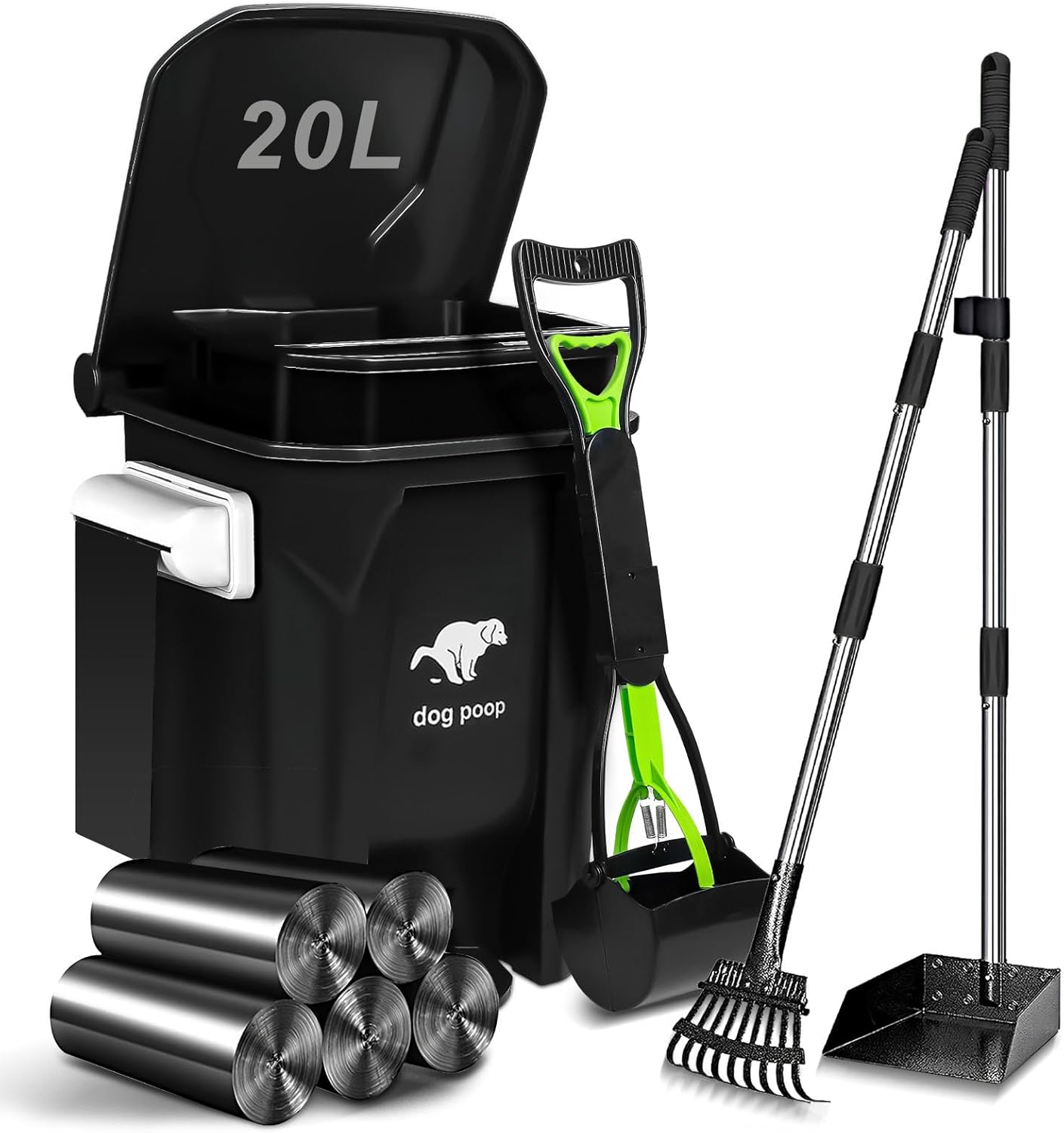 Dog Poop Trash Can Outside with Pooper Scooper and Metal Rake & Tray, 20L/5Gal Dog Waste Trash Can