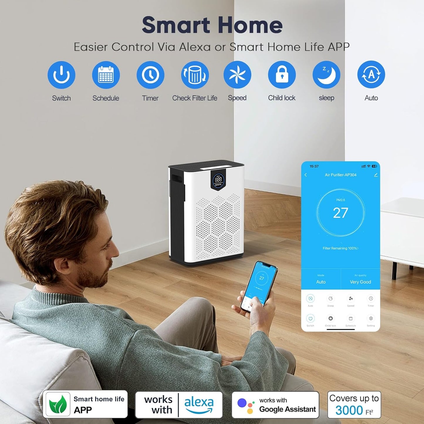 Smart Wifi Air Purifiers for Home Large Room Up to 3000 Ft², DAYETTE Air Cleaner with Washable