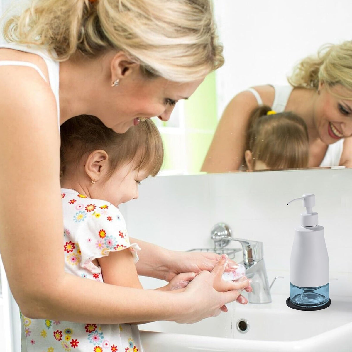 Gaussra White Soap Dispenser with Coaster and Stickers, Stainless Steel and Glass Bottle Hand Pump