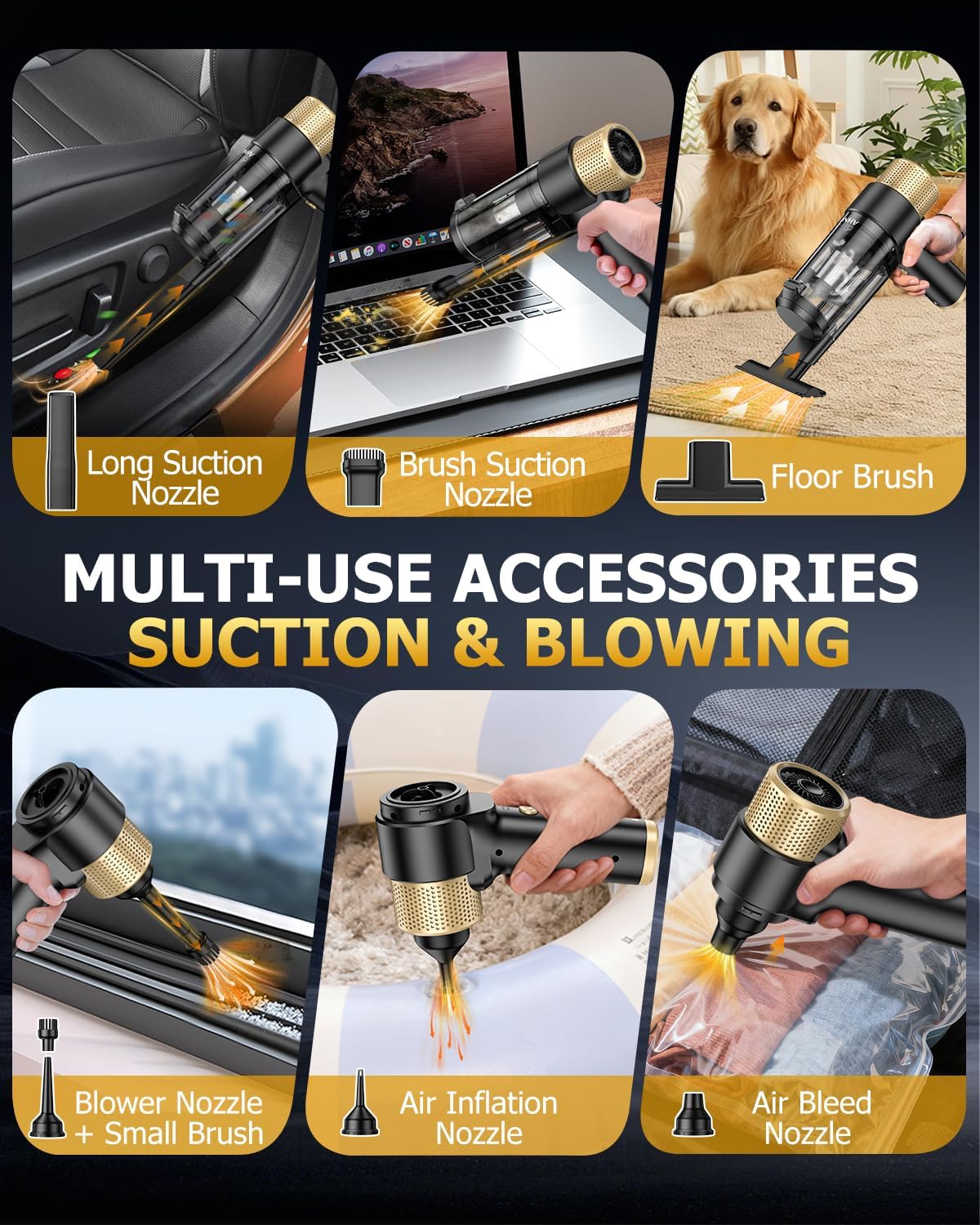 AHNR Handheld Car Vacuum Cleaner Cordless with 16000PA Powerful Suction, 4-in-1 Portable Mini