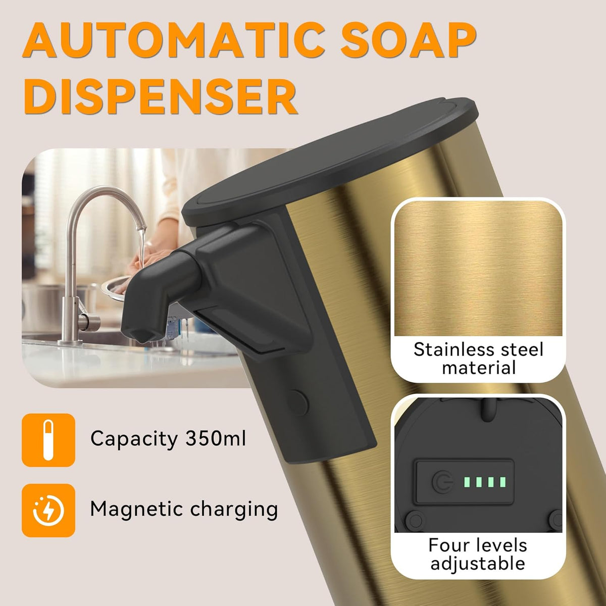 Automatic Soap Dispenser,Stainless Steel Material, Rechargeable Touchless Hand Sanitizer Pump,4