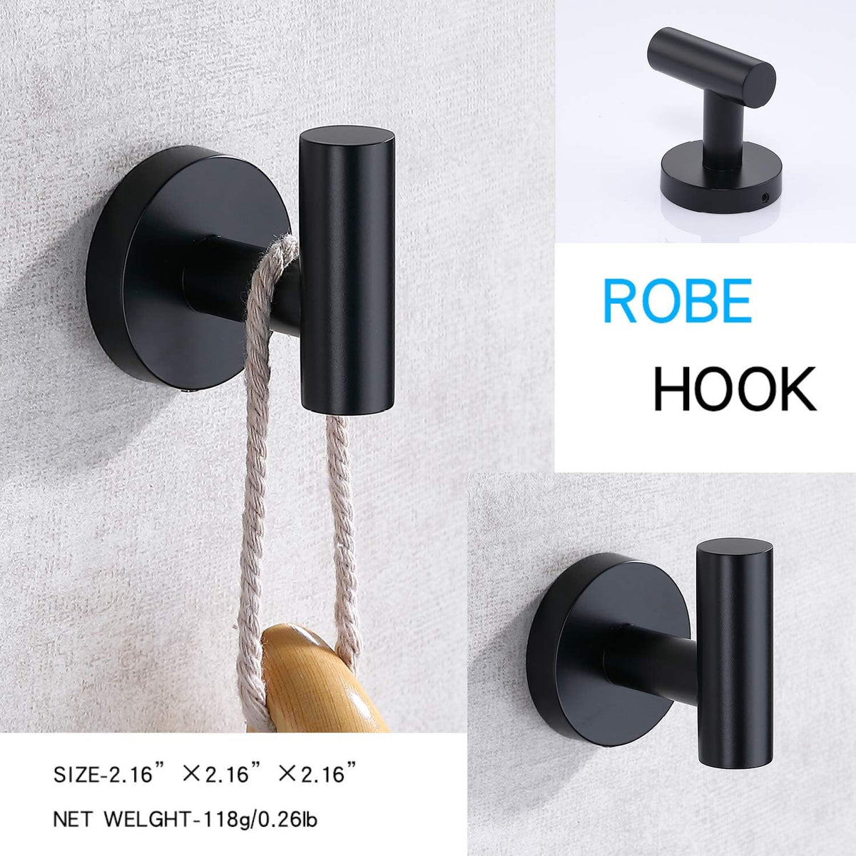 TASTOS Matte Black Bathroom Towel Coat Hook Stainless Steel, 2 Pack Robe Clothes Cabinet Closet