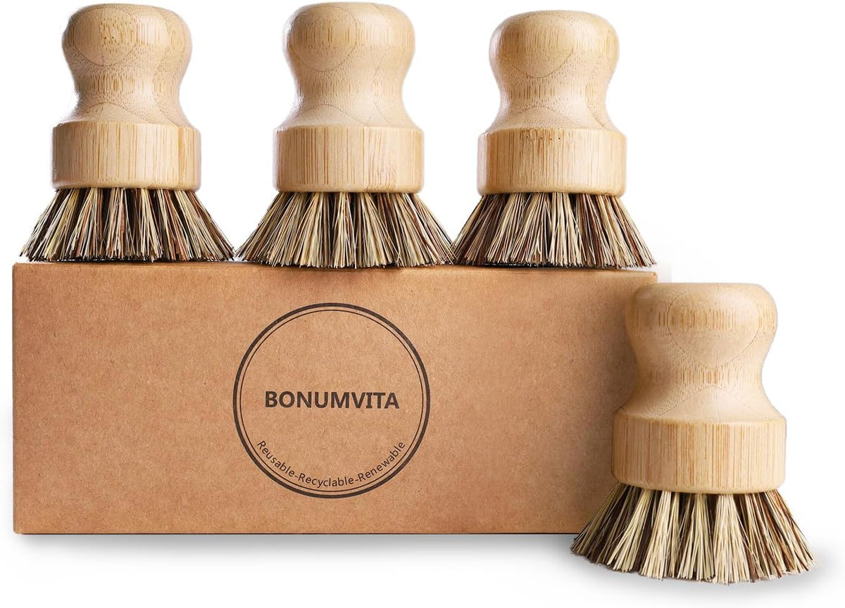 Bamboo Dish Brush Set,4 Pack Kitchen Palm Pot Brush with Union Fiber, Natural Bamboo Dish Scrub