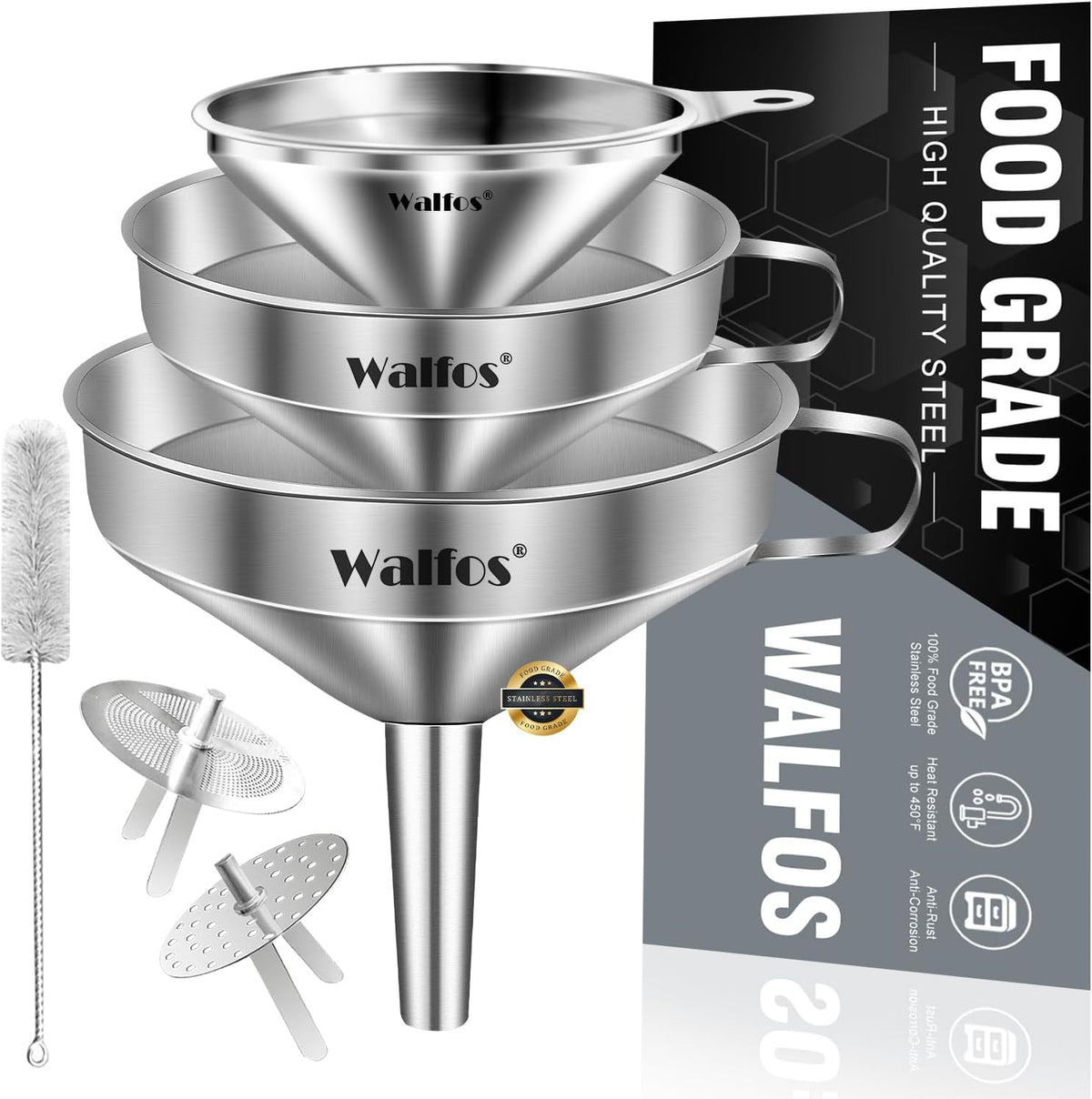 Stainless Steel Funnel, Walfos 3 Different Sizes of Kitchen funnels with 2 Removable Strainer ＆