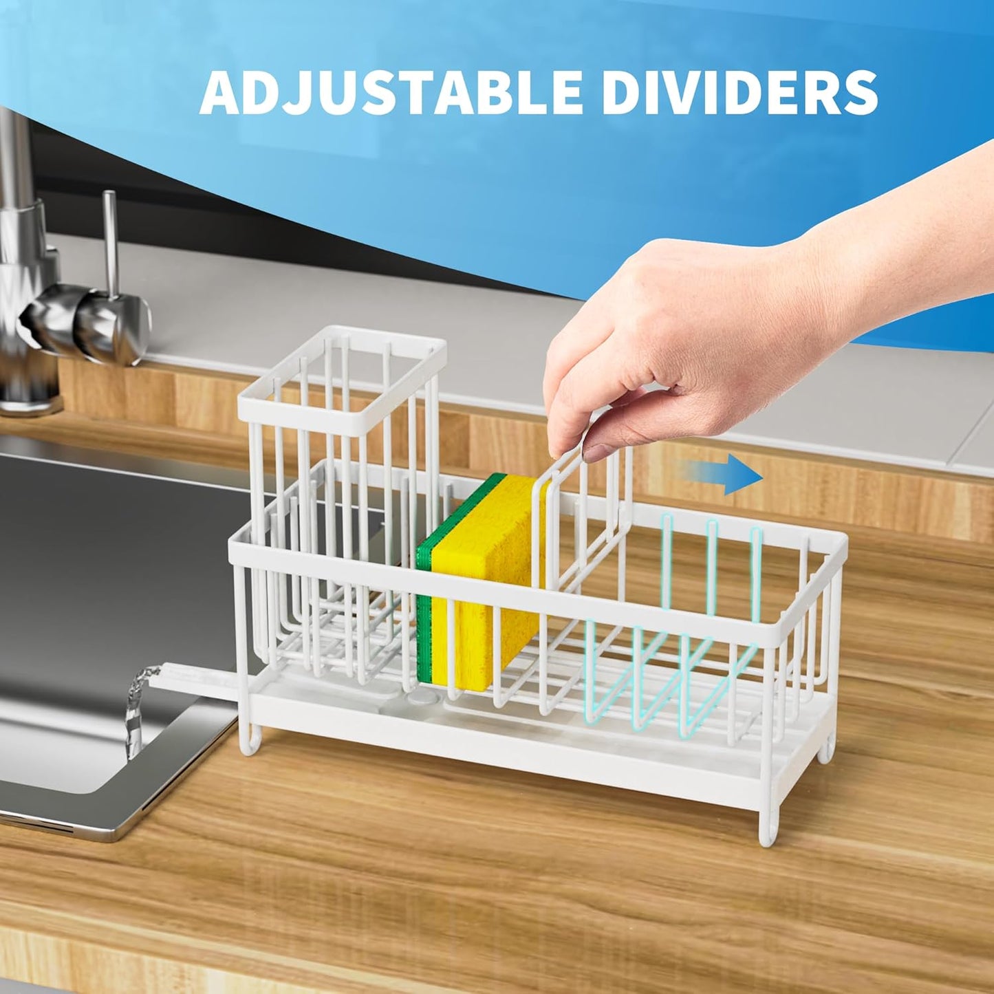 Cisily White Sponge Holder for Kitchen Sink, Sink Caddy Organizer with High Brush Holder, Kitchen
