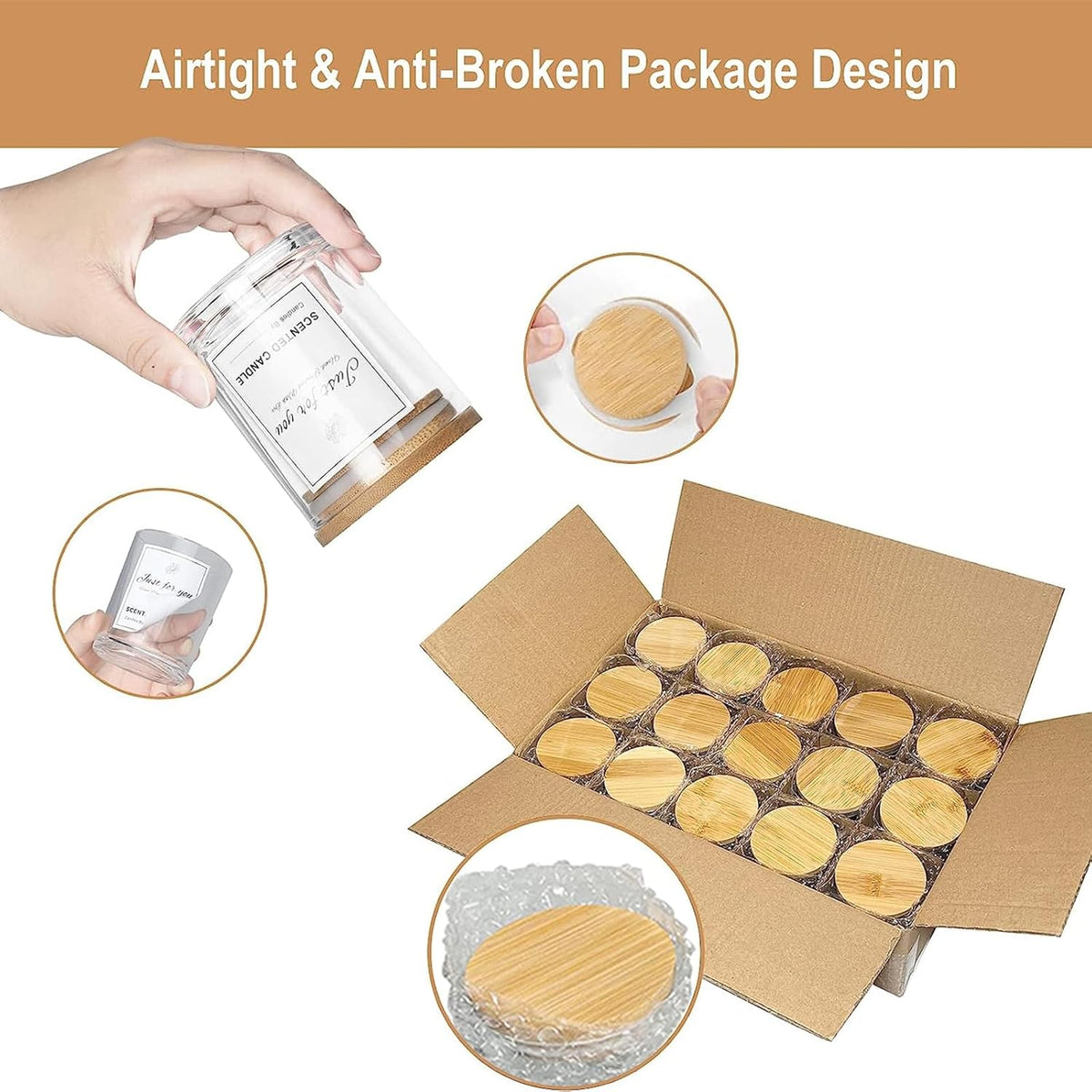 CONNOO 15 Pack 7 OZ Clear Candle Jars with Bamboo Lids, Thick Glass Empty Jars for Making Candles