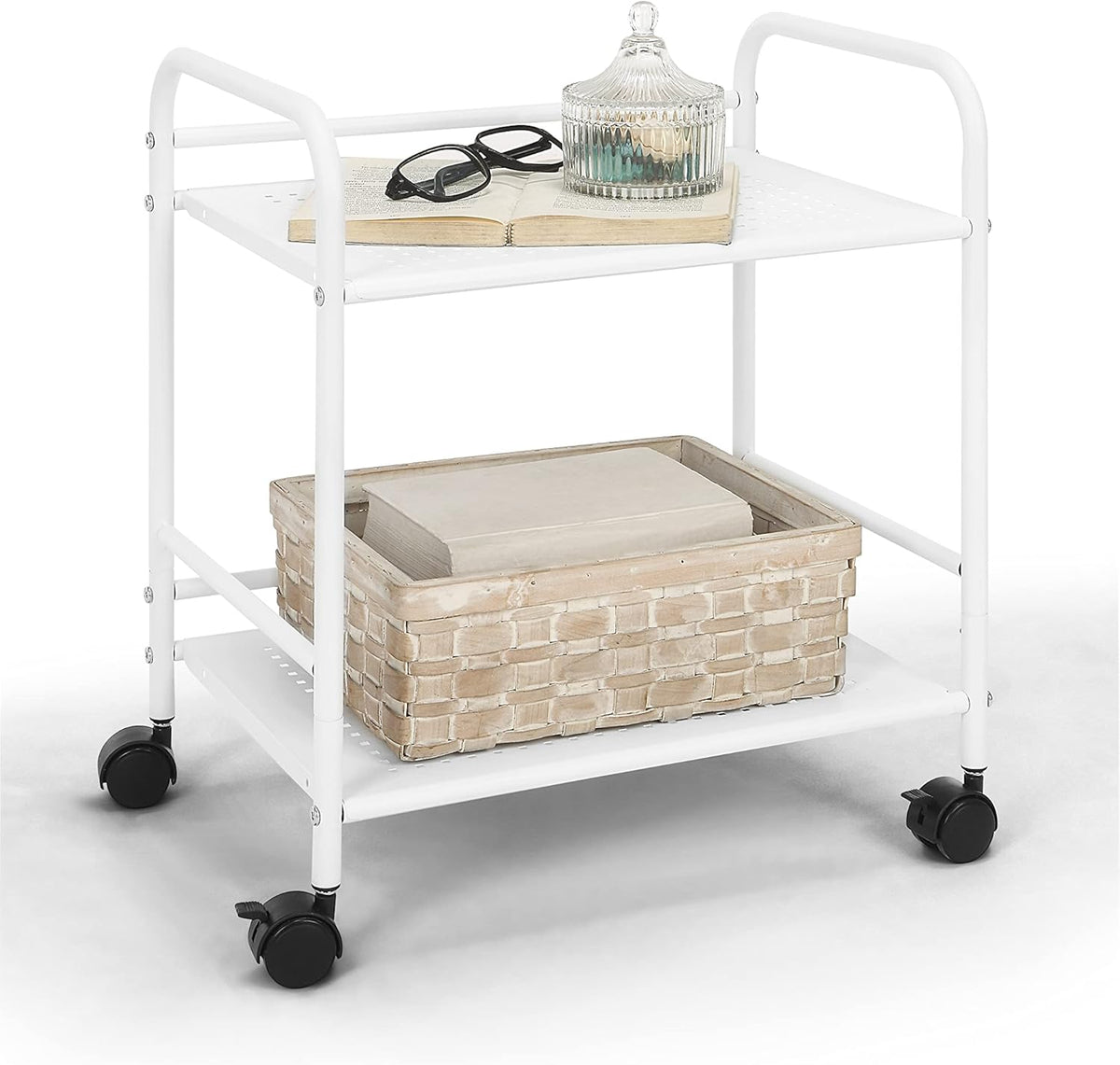 SunnyPoint 2-Tier Metal Rolling Utility Cart – Mobile Storage Shelf with Caster Wheels – Small