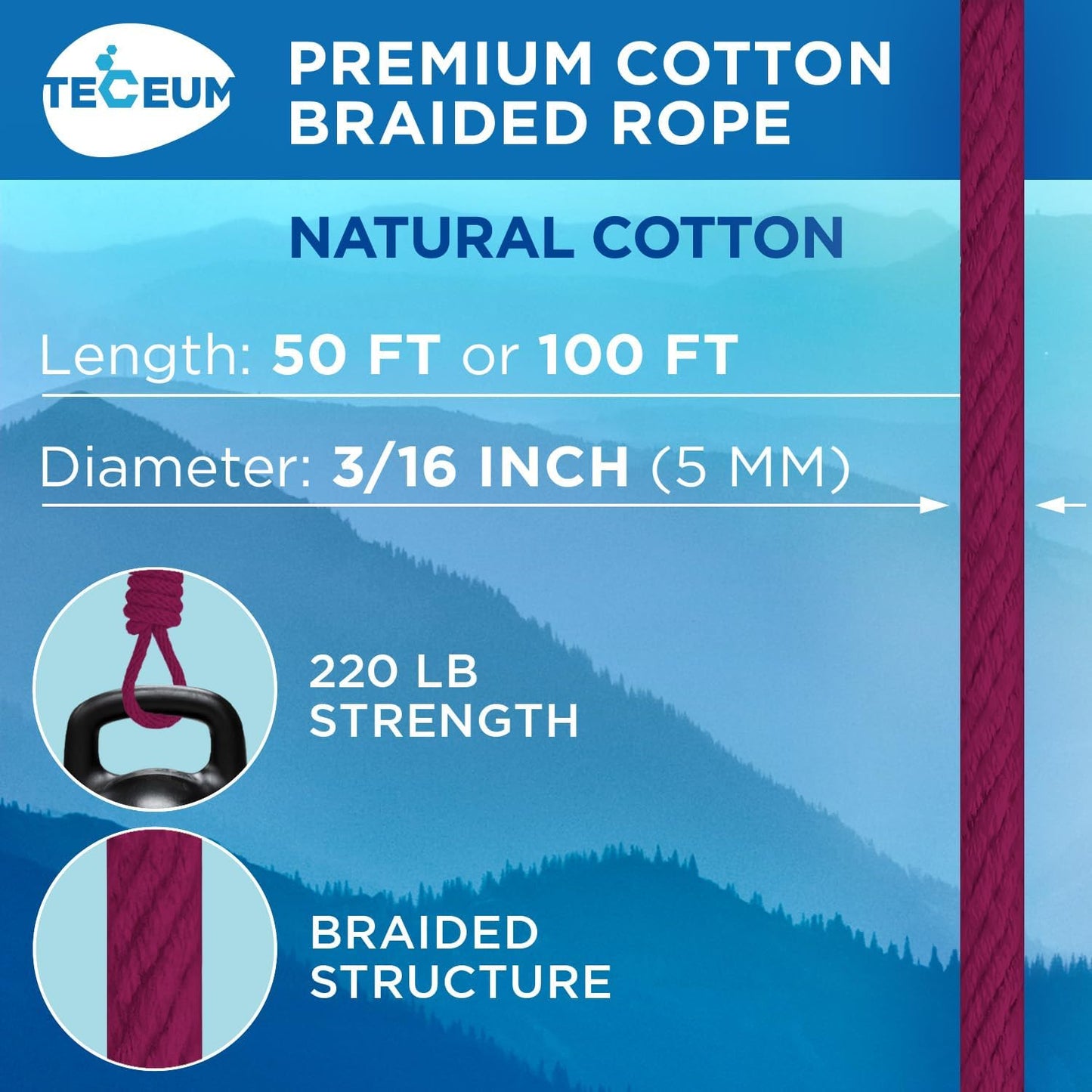 TECEUM Cotton Rope 3/16” (5 mm) – 50 FT – Strong All-Purpose Braided Rope – Natural Cotton – for