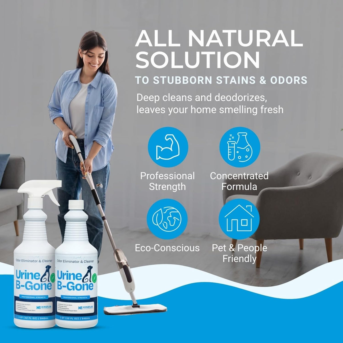KINZUA ENVIRONMENTAL Urine B-Gone, Professional Enzyme Odor Eliminator & Pet Stain Remover, Human