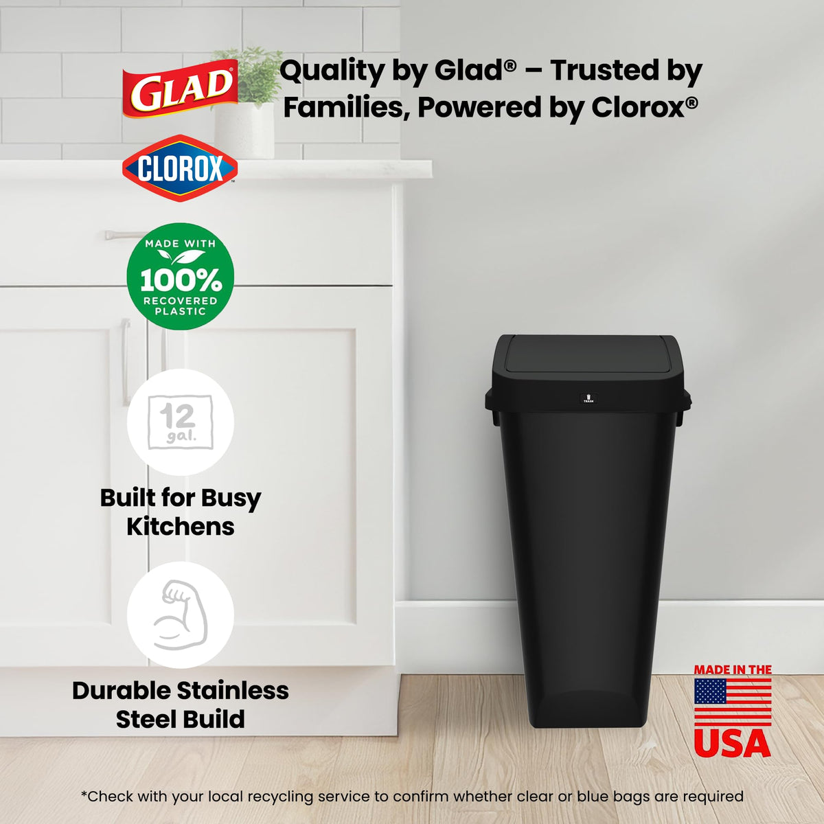 Glad Trash Can with Clorox Odor Protection | Linkable, 12 Gallon, Black