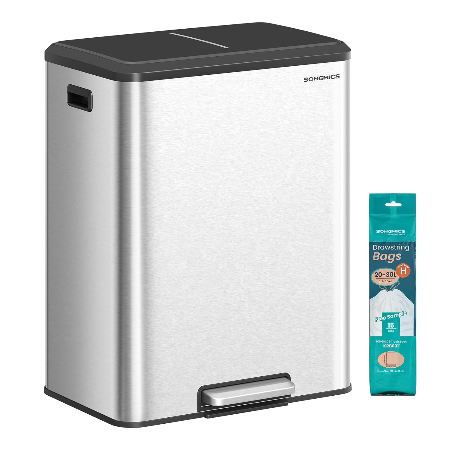 SONGMICS Trash Can, 2 x 8 Gallon (2 x 30 L) Double Garabge Can for Recycling and Waste, Stainless