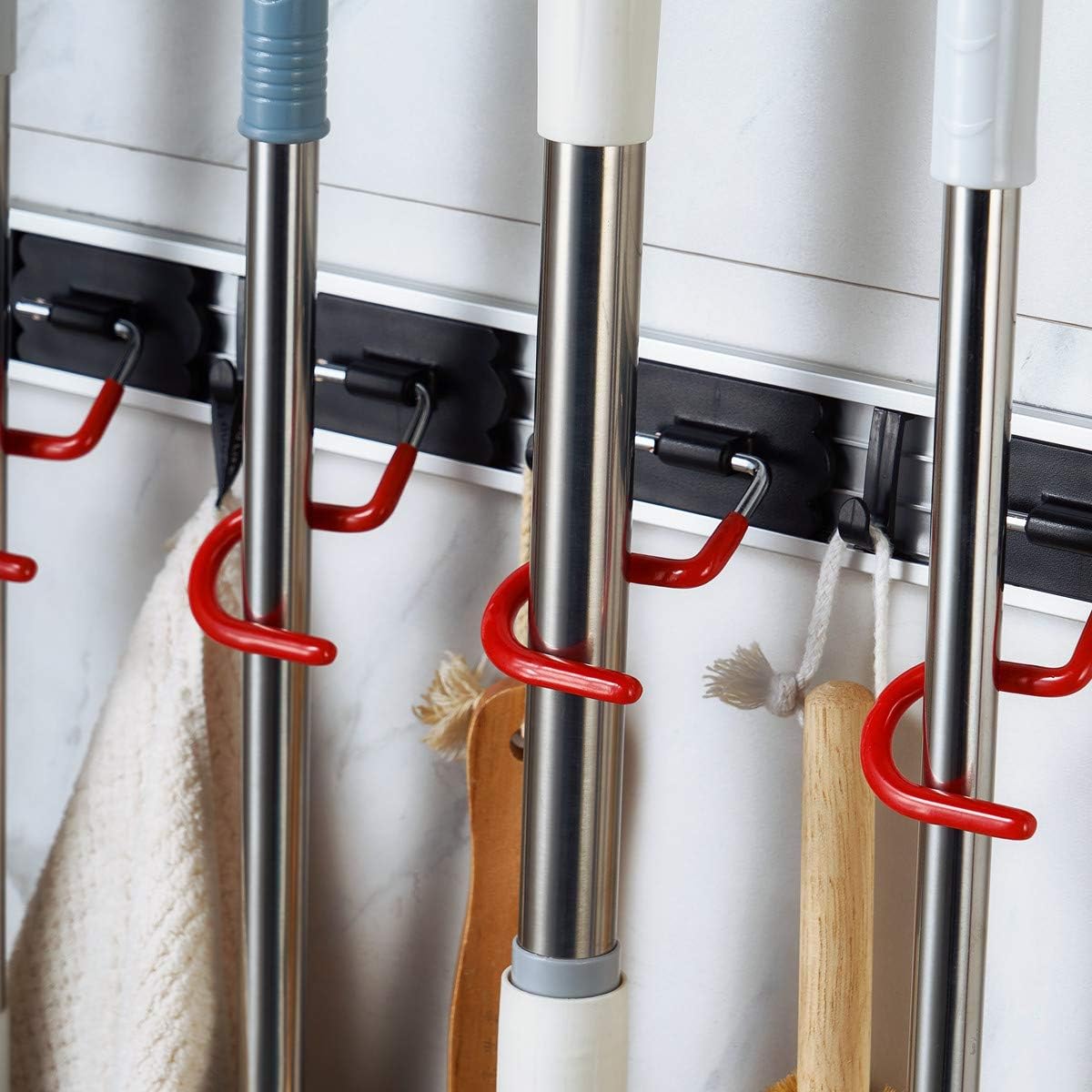 QBOSO Wall Mounted Mop and Broom Holder Stainless Steel S Type Broom Rack Anti-Slip Mop Organizer
