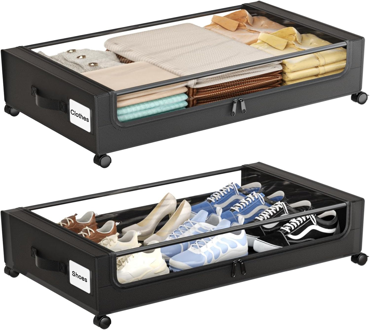 Under Bed Storage with Wheels,XXL 60L Under Bed Storage Containers with Clear Lids, Rolling Under