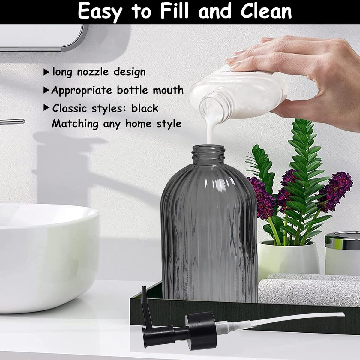 Grey Glass Soap Dispenser with Black Plastic Pump, 13.5oz Refillable Liquid Hand Soap Dispenser